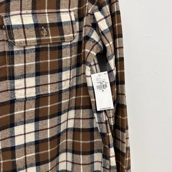 New Men’s Old Navy Double Brushed Button Down Flannel Brown Plaid Cotton Shacket - Picture 3 of 5